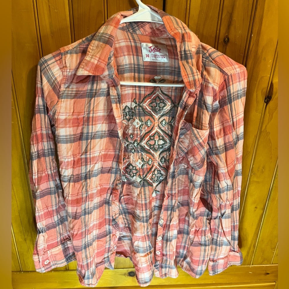 JUSTICE Light Orange Plaid Button Down Long Sleeve